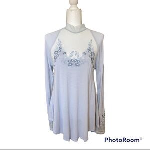 Free People Ice Blue Mesh Embroidered Tee S
